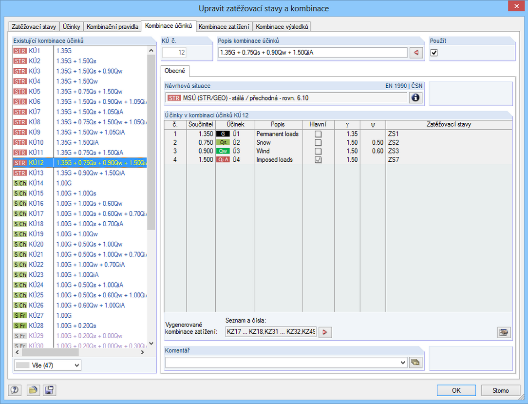 Einwirkungen in den generierten Einwirkungskombinationen