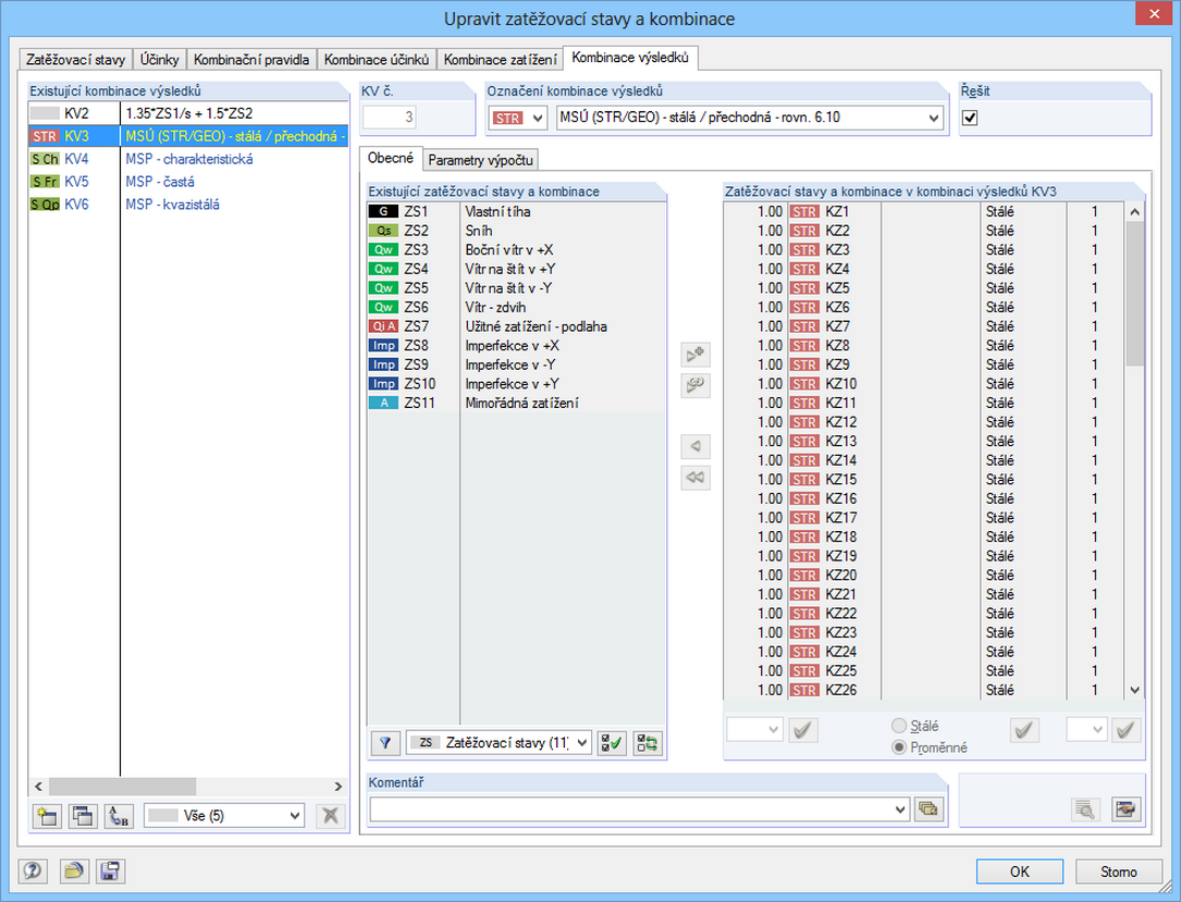 Belastungen in einer Ergebniskombination