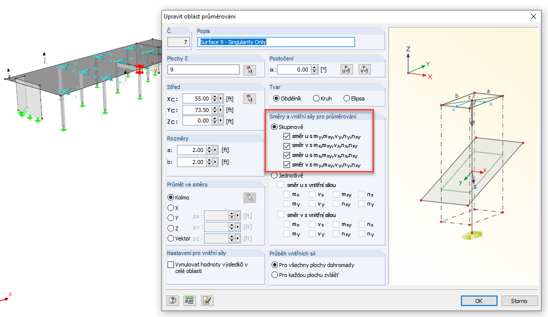 Oblasti průměrování v průnicích sloupů a desky