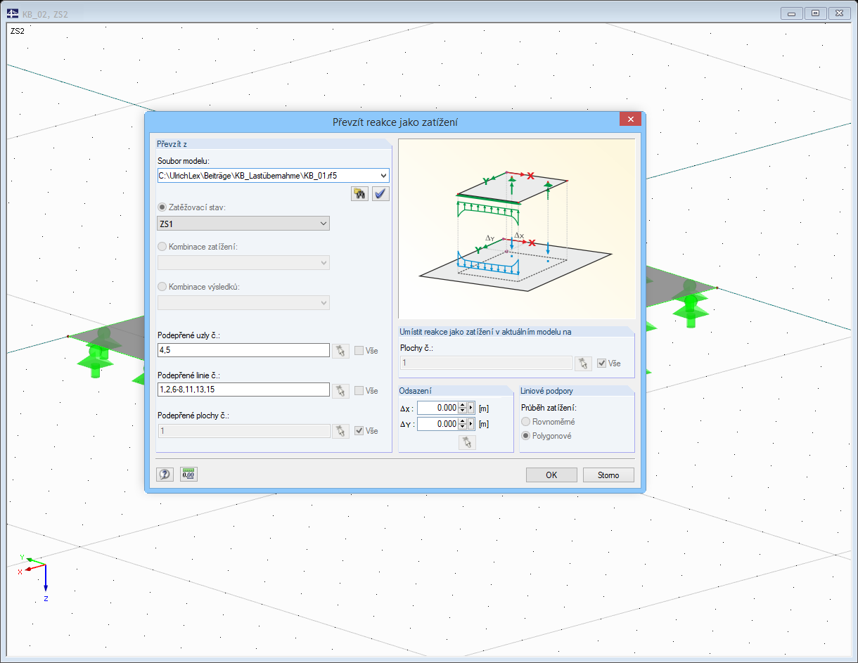 Dialog „Převzít reakce jako zatížení“