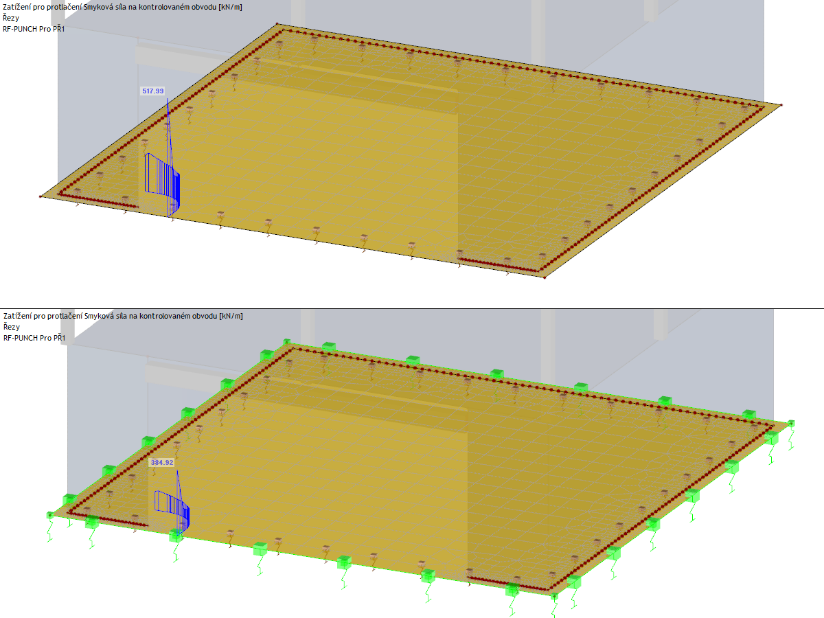 Vergleich ohne (oben) und mit (unten) Randfedern an der Bodenplatte