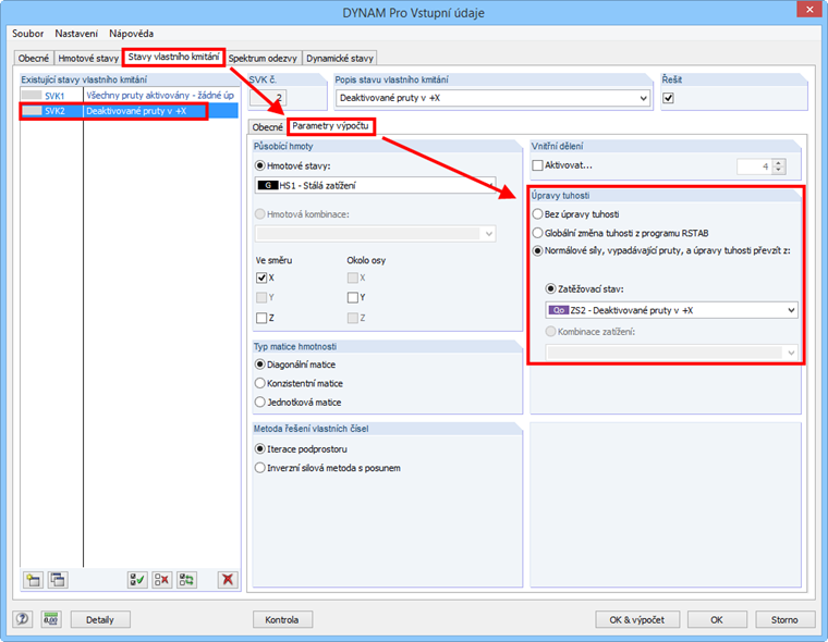 Možnosti „Úpravy tuhosti“ v DYNAM Pro