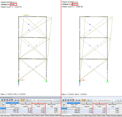 Porovnání vlastních tvarů bez zohlednění (vlevo) a při zohlednění tahových prutů (vpravo)