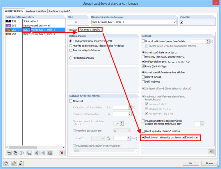 Volba „Deaktivovat nelinearity pro tento zatěžovací stav“