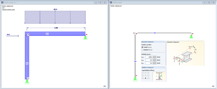 Model 3 s excentricitou prutu, axiálním a příčným odsazením