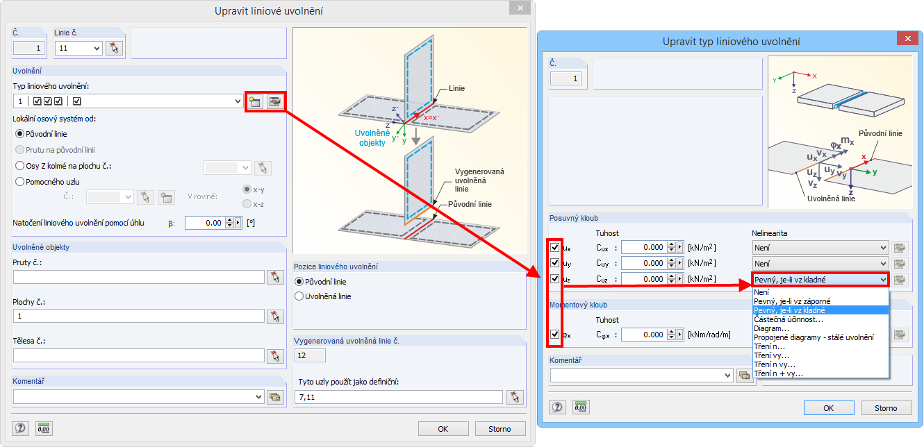 Úprava typu liniového uvolnění