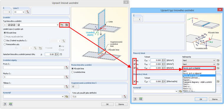 Úprava typu liniového uvolnění
