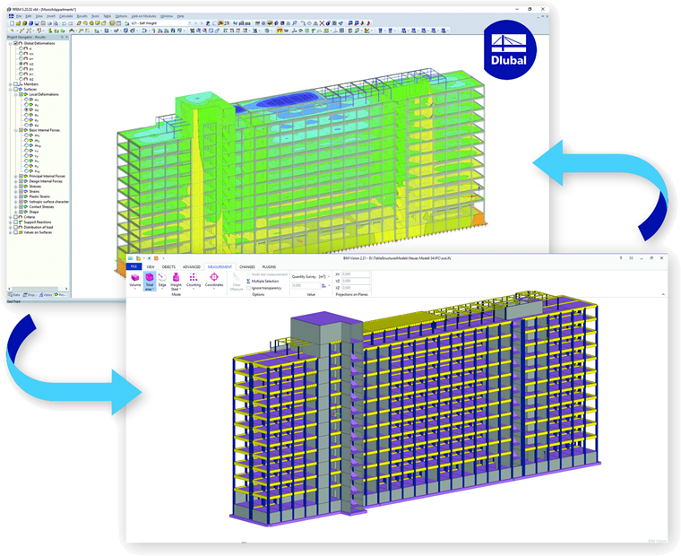 Model budovy v IFC Vieweru (dole) a vypočítaný model v programu RFEM (nahoře)