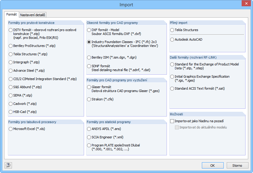Dialog programu RFEM pro import dat