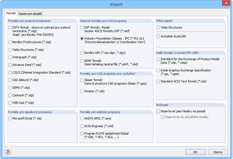 Dialog programu RFEM pro import dat