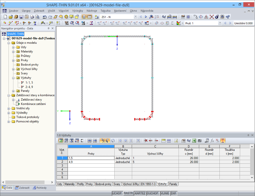 Tabulka 1.8 Výztuhy