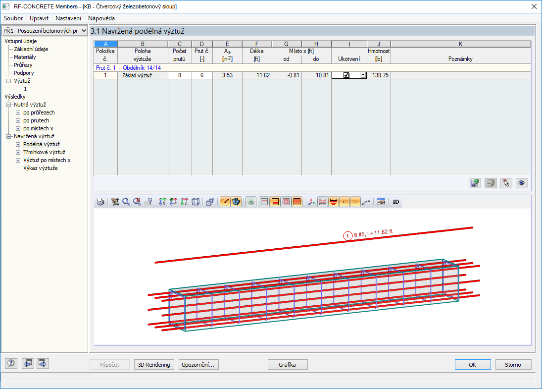 RF-CONCRETE Members - Navržená podélná výztuž