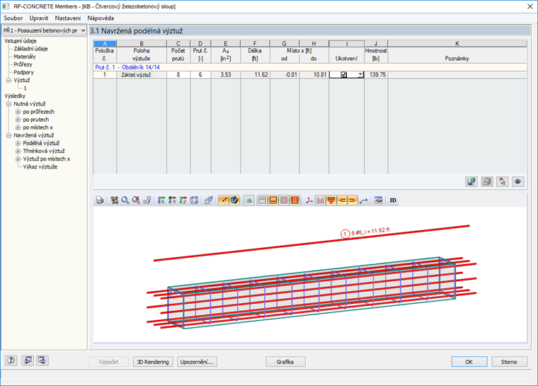 RF-CONCRETE Members - Navržená podélná výztuž