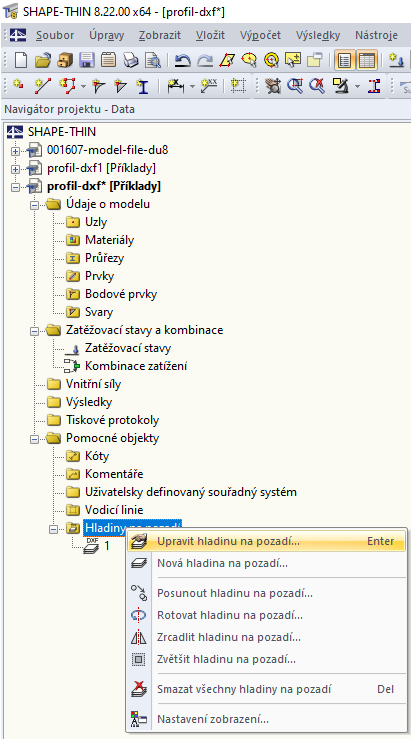 Navigátor projektu - Data, Hladina na pozadí
