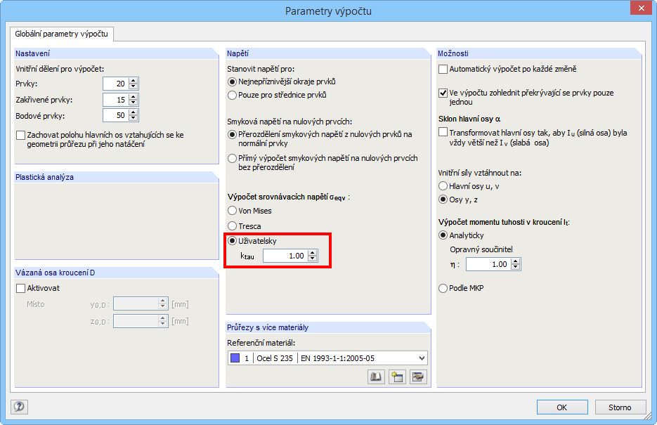Nastavení parametrů výpočtu