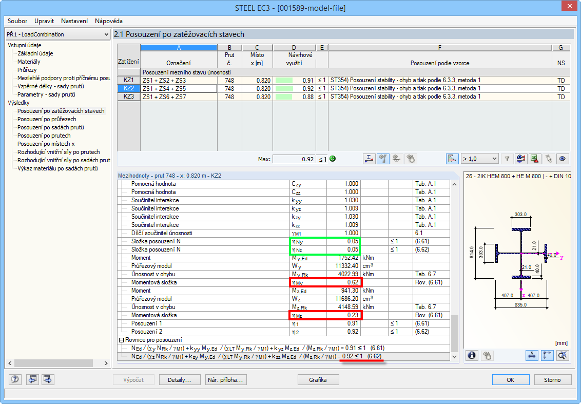 Podrobné vyhodnocení výsledků posouzení stability v případě kombinace zatížení 2