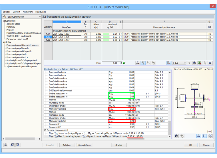 Podrobné vyhodnocení výsledků posouzení stability v případě kombinace zatížení 2