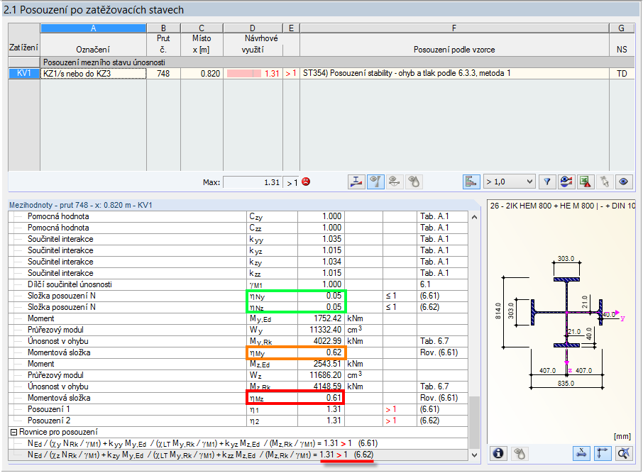 Podrobné vyhodnocení výsledků posouzení stability v případě kombinace výsledků 1