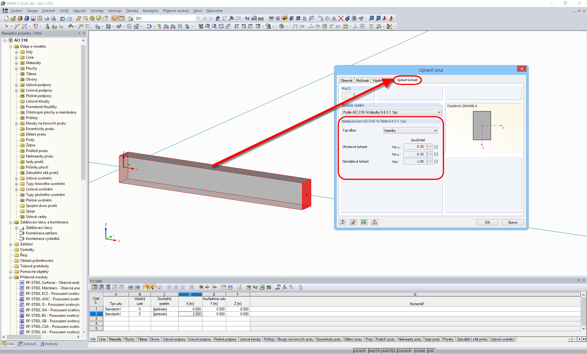 Výběr zadání pro úpravu tuhosti betonu podle ACI 318-14