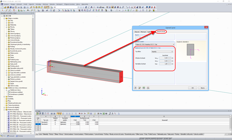 Výběr zadání pro úpravu tuhosti betonu podle ACI 318-14