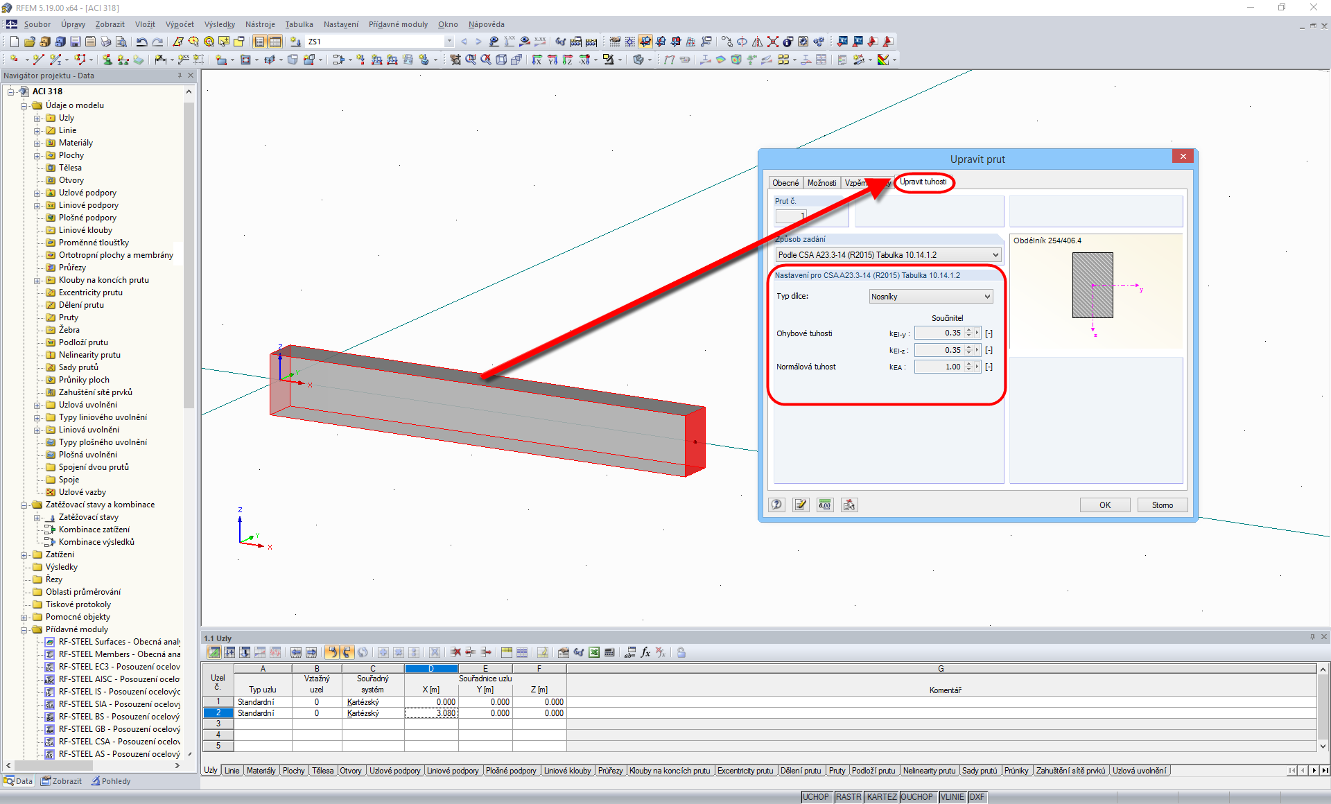 Výběr zadání pro úpravu tuhosti betonu podle CSA A23.3-14