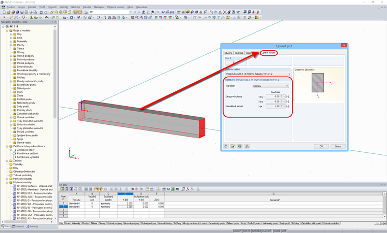 Výběr zadání pro úpravu tuhosti betonu podle CSA A23.3-14