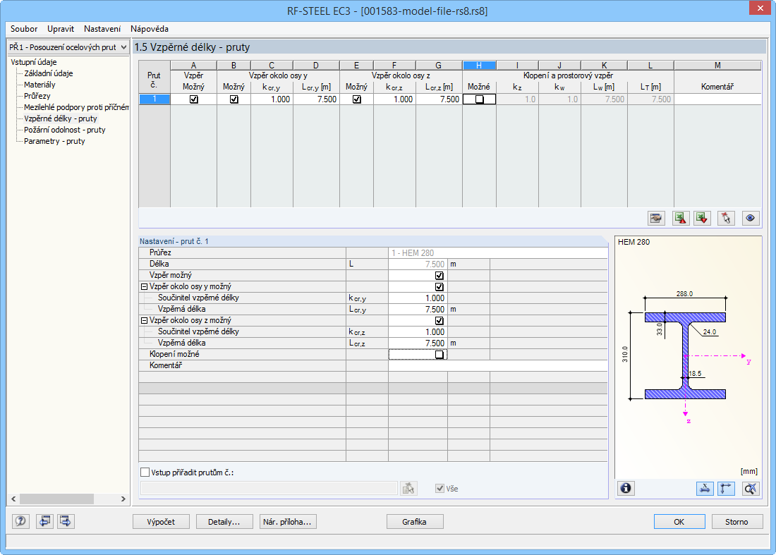 Dialog 1.5 Vzpěrné délky - pruty