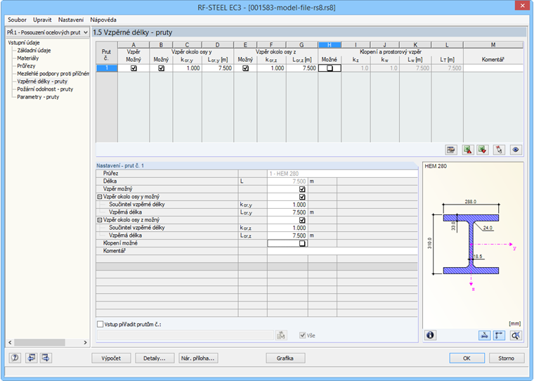 Dialog 1.5 Vzpěrné délky - pruty
