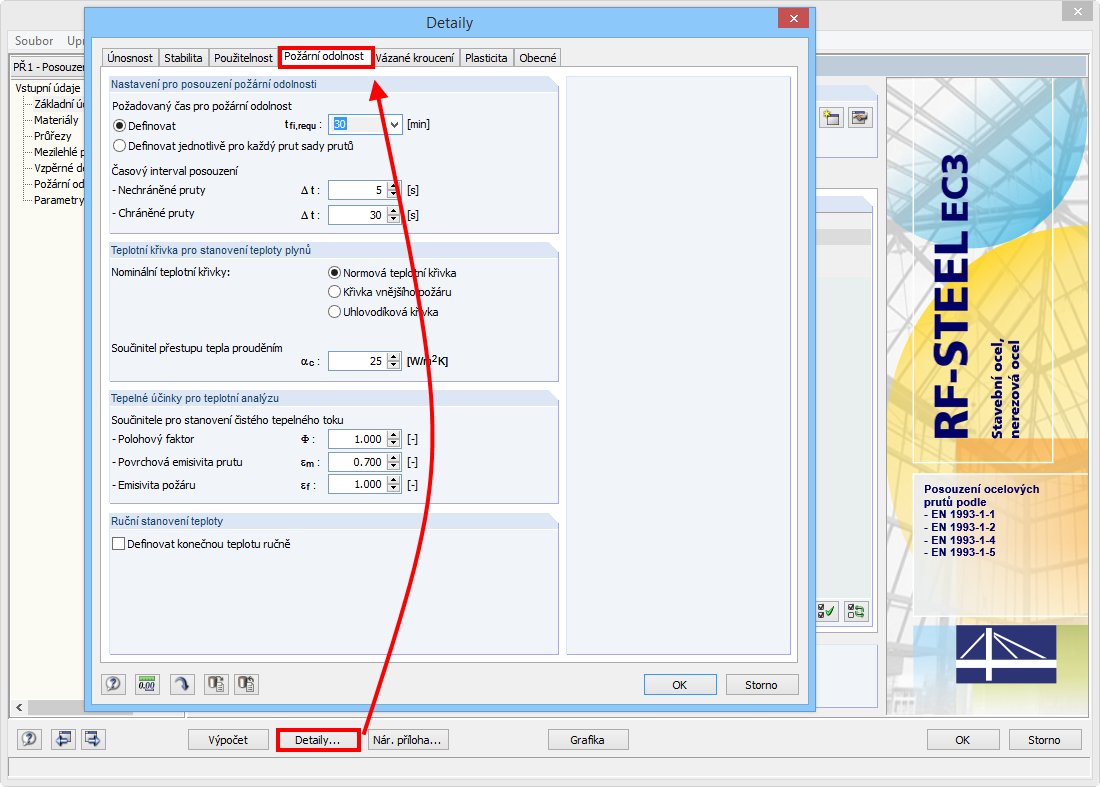 Nastavení v dialogu Detaily v záložce Požární odolnost
