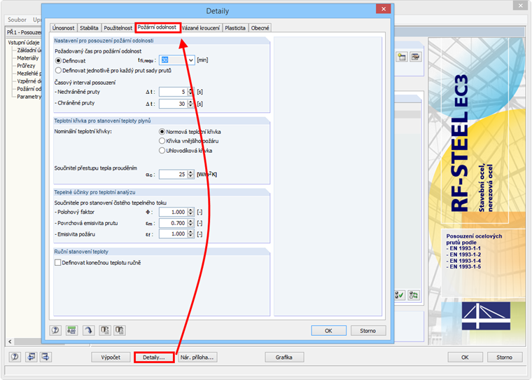 Nastavení v dialogu Detaily v záložce Požární odolnost