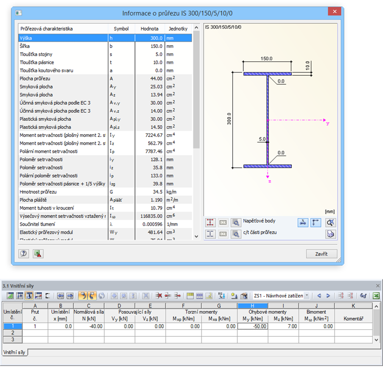 Průřez a vnitřní síly