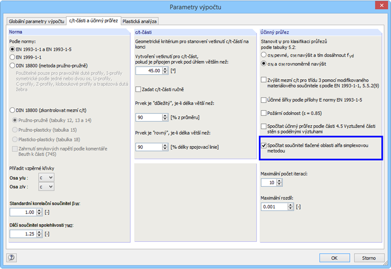 Dialog „Parametry výpočtu“