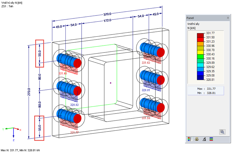 Síly ve šroubech F,t,Ed (včetně páčících sil) pro e = 55 mm