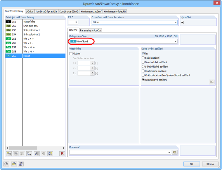 Nový zatěžovací stav s kategorií účinku „Mimořádné“