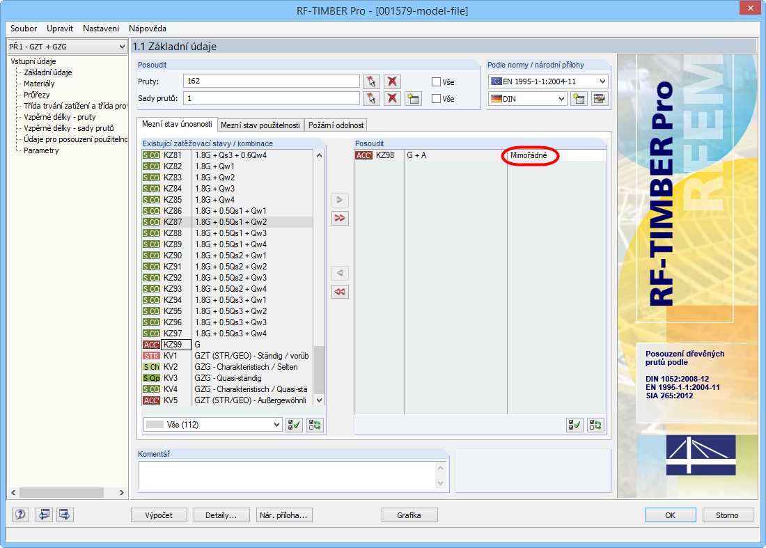 Základní údaje v programu TIMBER Pro s přiřazením návrhové situace