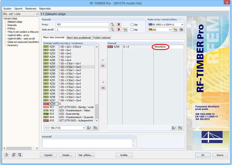Základní údaje v programu TIMBER Pro s přiřazením návrhové situace