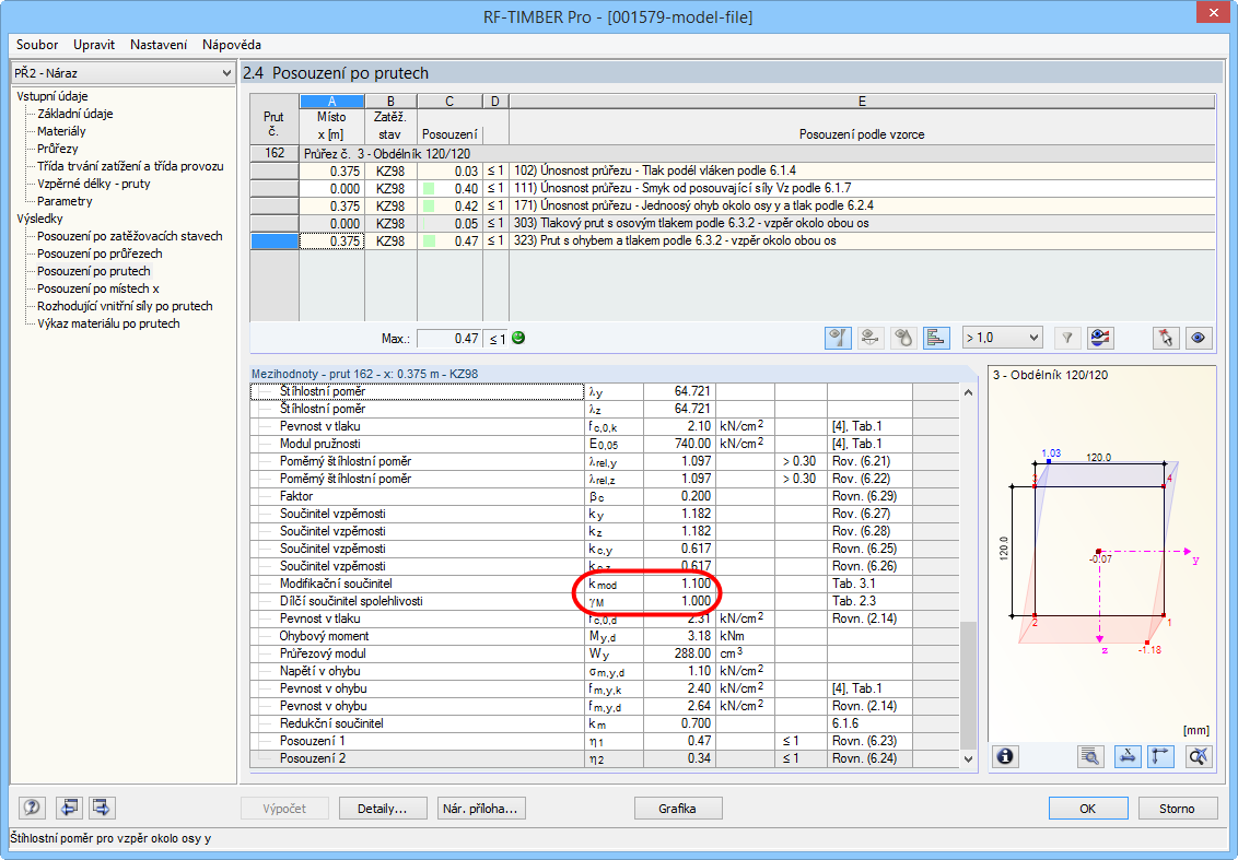 Výsledky posouzení sloupu zatíženého nárazem osobního vozidla