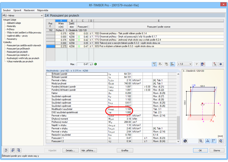 Výsledky posouzení sloupu zatíženého nárazem osobního vozidla