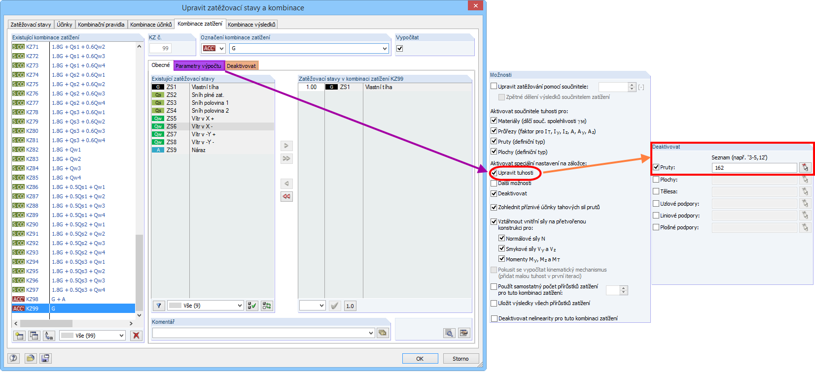 Deaktivace sloupu pro určitou kombinaci zatížení