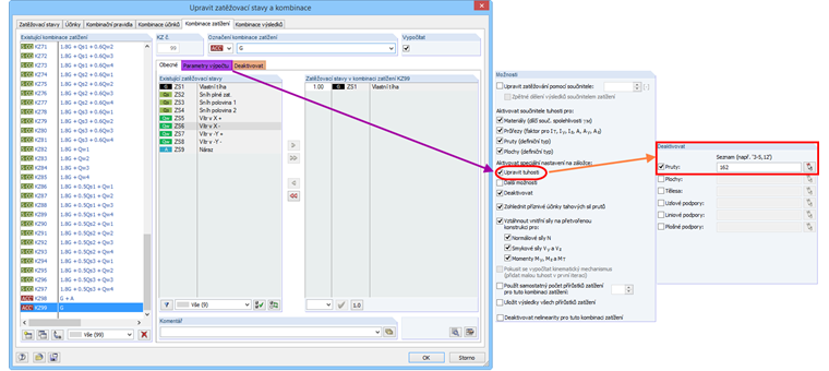 Deaktivace sloupu pro určitou kombinaci zatížení