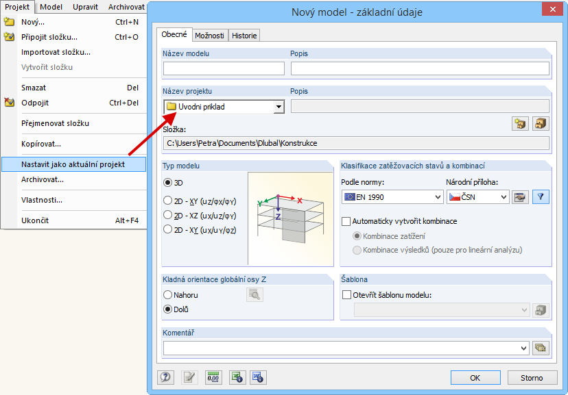 Funkce „Nastavit jako aktuální projekt“