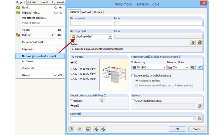 Funkce „Nastavit jako aktuální projekt“