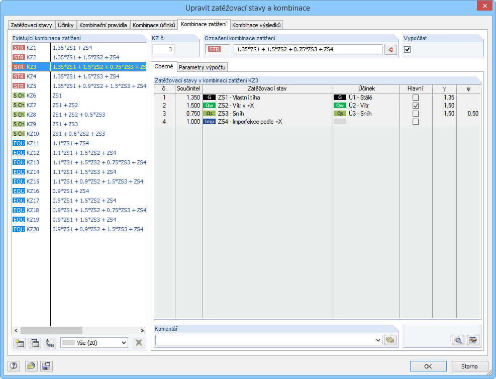 Generované kombinace zatížení pro posouzení