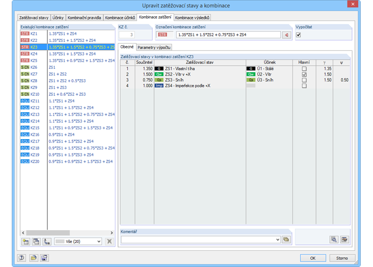 Generované kombinace zatížení pro posouzení