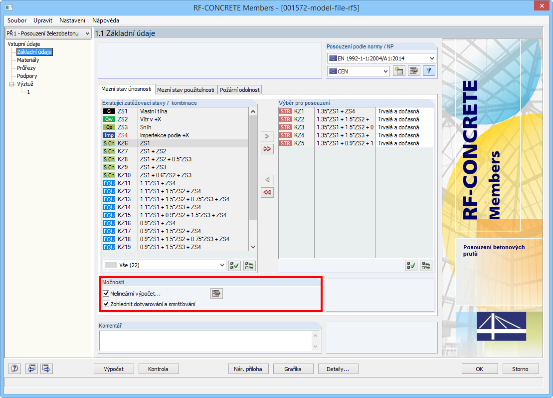 Volba „Nelineární výpočet“ v dialogu „1.1 Základní údaje“ modulu RF-CONCRETE Members