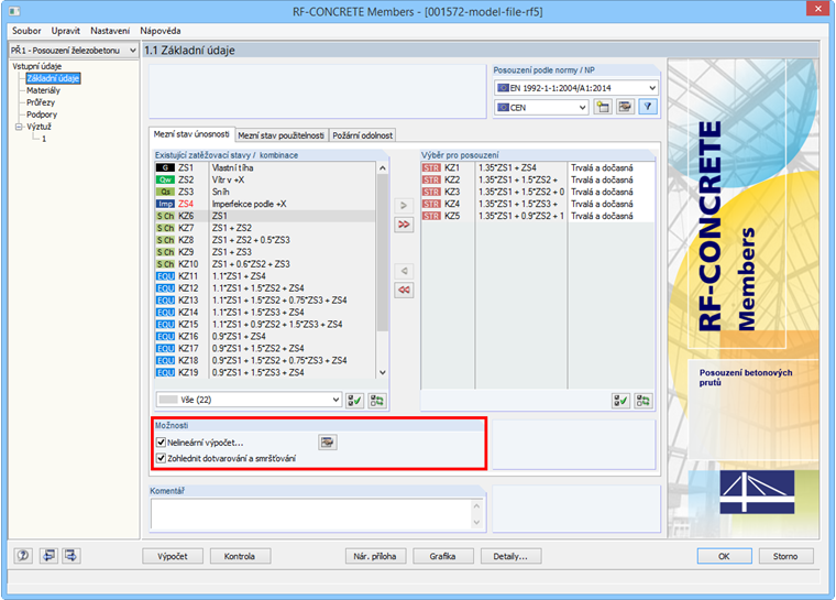 Volba „Nelineární výpočet“ v dialogu „1.1 Základní údaje“ modulu RF-CONCRETE Members