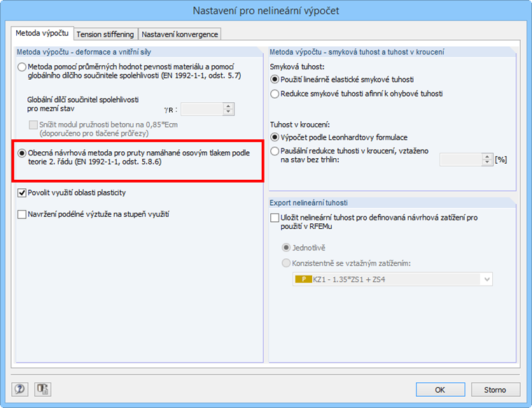 Nastavení pro nelineární výpočet