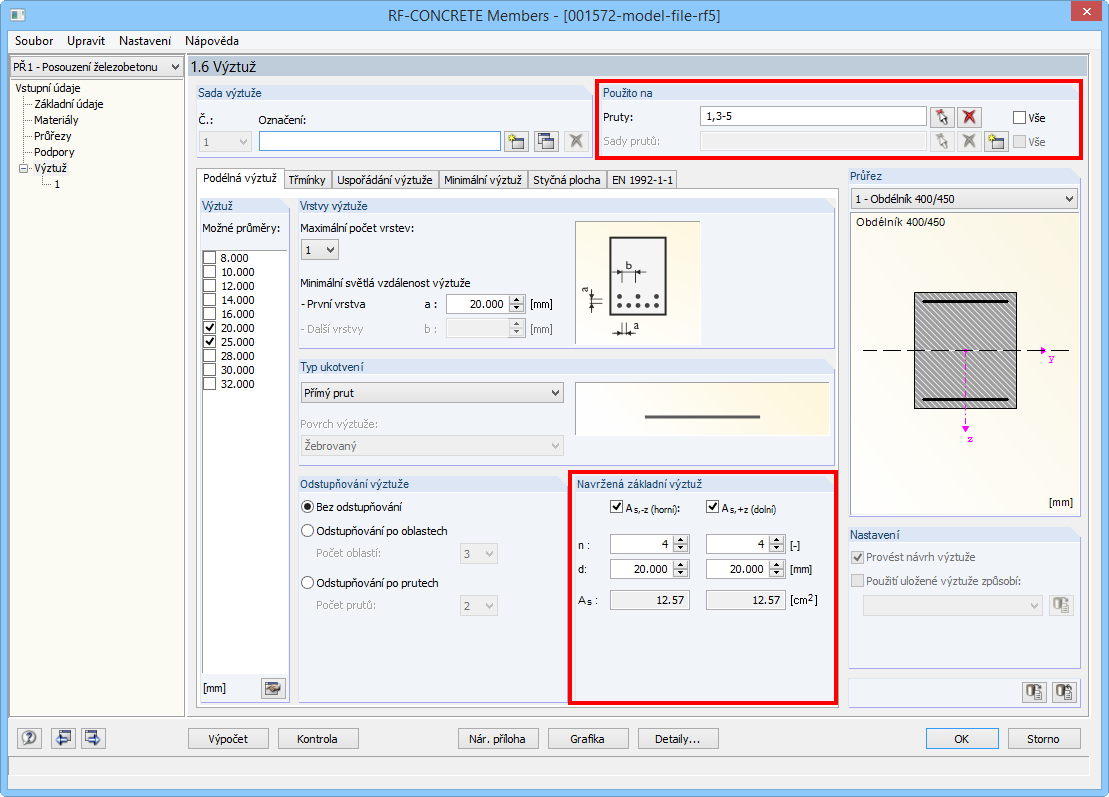 Navržená základní výztuž