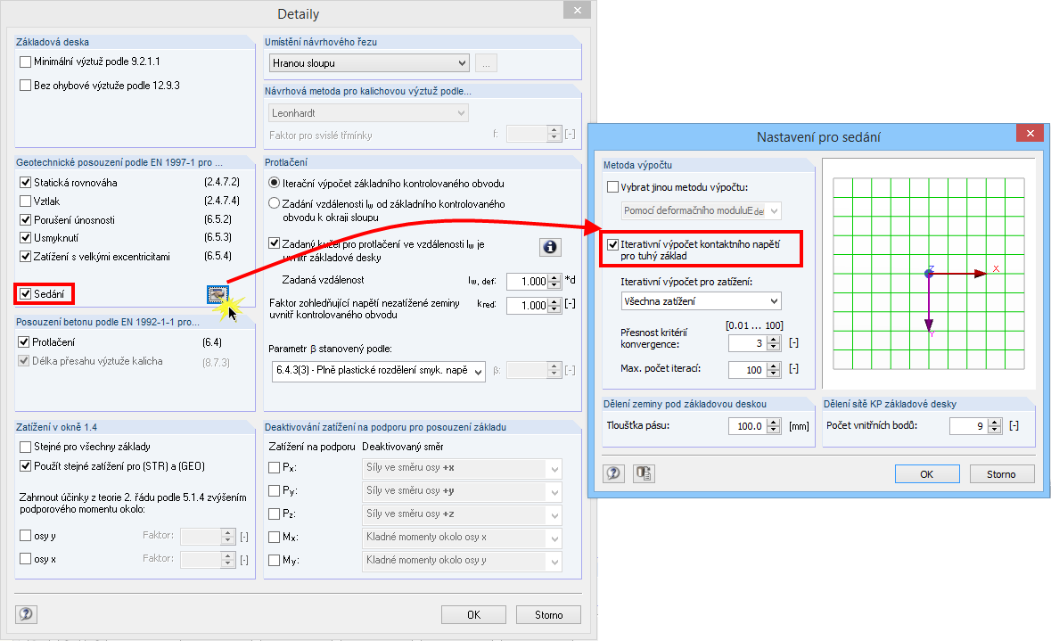 Nastavení pro výpočet sedání