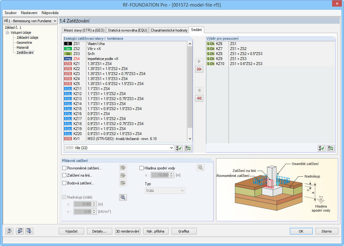 Kombinace zatížení pro výpočet sedání
